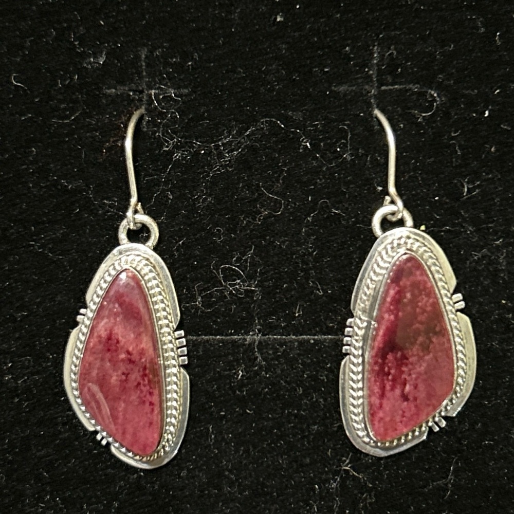 K.Y. Sterling Silver Pink Thulite Earrings Navajo Artisan Vintage Drop Earrings